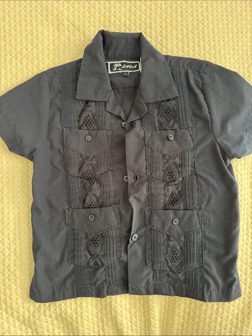 Lada Navy Short-Sleeve Embroidered Guayabera-Style Shirt